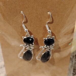 Elegant Silver Cat Earrings with Black Accents